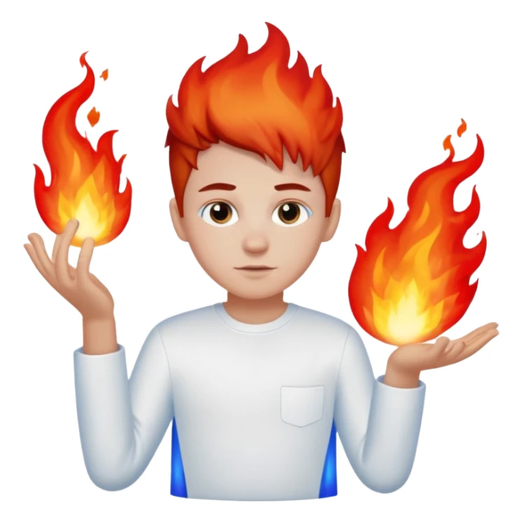 A boy with no hands fire instead made out of red fire and blue fire on a white shirt that the boy is wearing  sticker