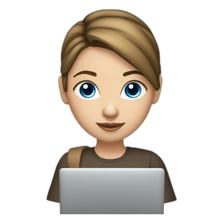 front-view-of-young-white-tan-woman-blue-eyes-brunette-pony-tail-using-a-laptop sticker