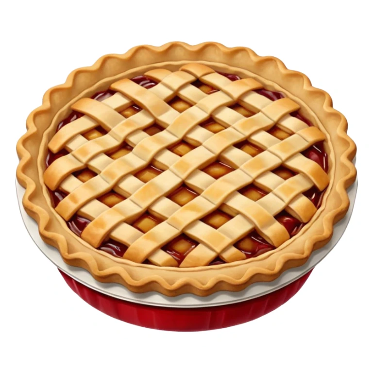 A highly detailed, photorealistic 3D render of a small, individual apple pie, with a golden-brown lattice crust. The filling is a rich, glistening red-amber, bubbling slightly.  sticker