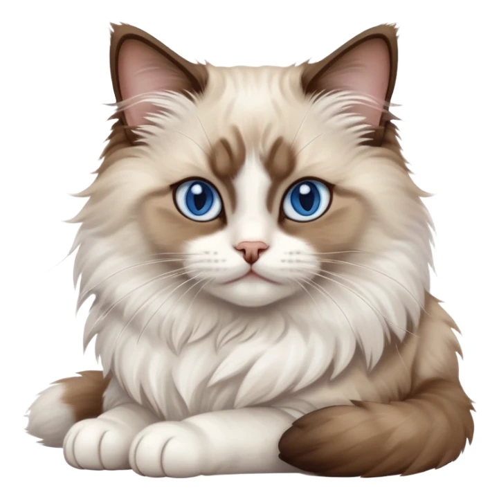 cinematic-[brown and white ragdoll cat]-realistic-full-body-sitting-emoji,-tail-curled-playfully-around-its-paws,-head-tilted-dramatically,-fluffy-[brown and white]-fur,-simplified-yet-realistic-focused-features,-highly-detailed,-glowing-with-an-almost-sarcastic-glow, with blue eyes sticker