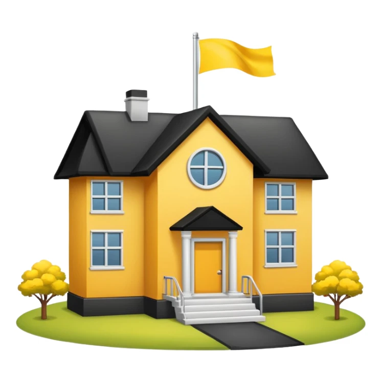 simple school, white background, magic school, black roof, with a big flag, big flag on a roof, big yellow flag, white school sticker