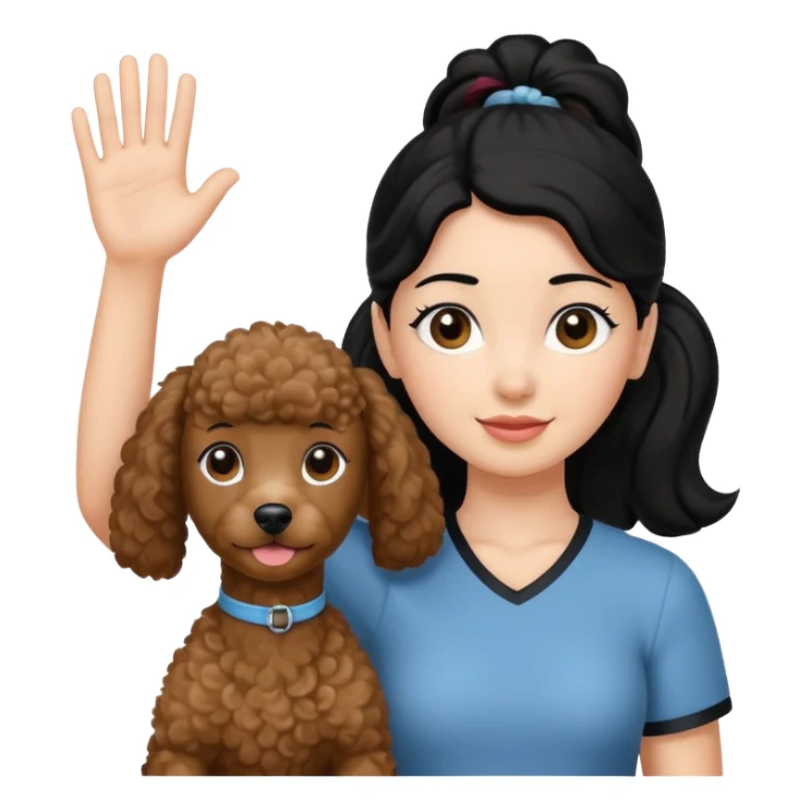 Ponytail black hair girl with brown Poodle say goodbye  sticker