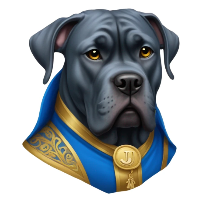 Blue Cane Corso in a blue and gold colored as a clergyman with monogrammed J on his cloak. sticker