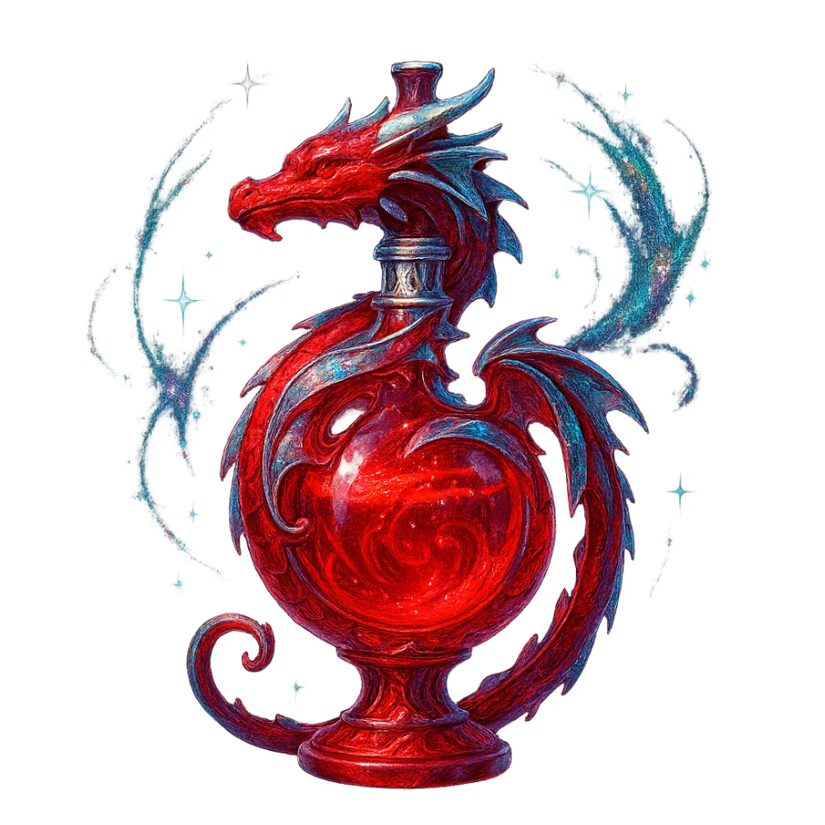 prabangus eliksyro buteliukas, drakono forma, visas ryškiai raudonas, sidabrinės ir holografinės detalės, daug magiškų efektų, labai mažas kaklelis, vientisas dugnas, skaidrus fonas, buteliukas plūduriuoja ore, be pagrindo ar šešėlio, modernus, kolekcijai tinkamas sticker