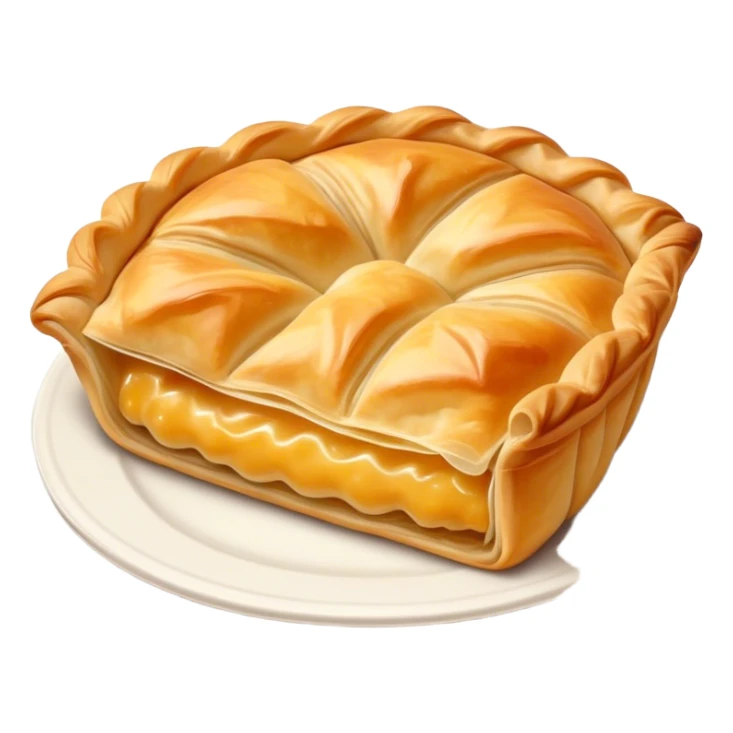 Cinematic Realistic Burek sa Sirom Dish Emoji, showcasing a flaky pastry filled with cheese rendered with crisp textures and appetizing, warm lighting. sticker