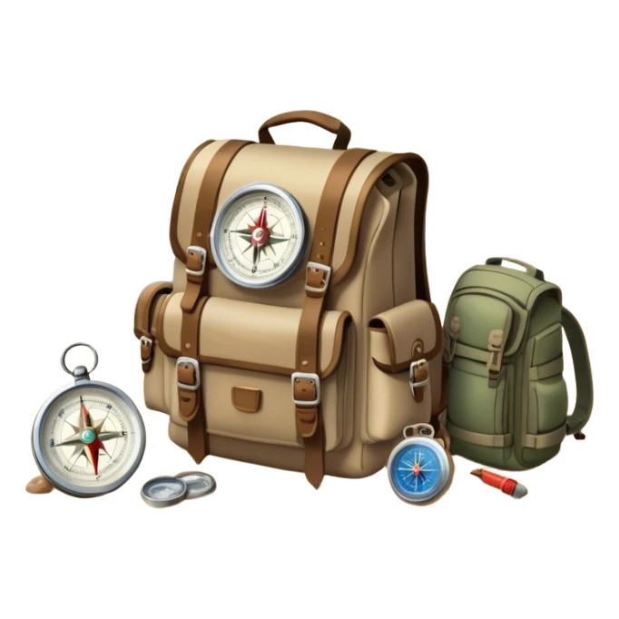 Icon for Expeditions: a compass, a map, a backpack with trekking gear, and a rugged expedition jeep, set against a backdrop of snowy mountains, sand dunes, and tropical islands. The icon should capture the spirit of adventure and exploration in diverse landscapes. Transparent background. sticker