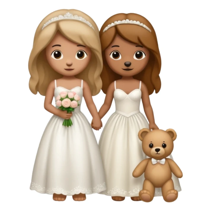 Teddy bear wearing white wedding dress holding the hand to another teddy bear wearing nothing.  sticker