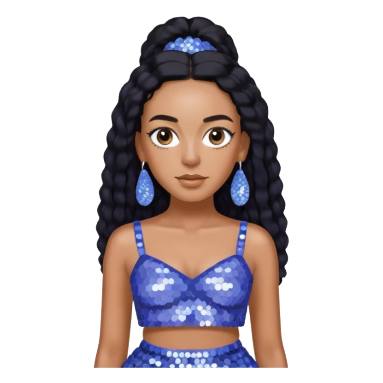 Solange with long black hair, periwinkle sequin crop top, periwinkle sequin skirt, periwinkle earring sticker