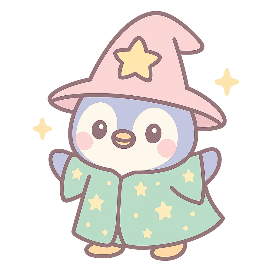 adorable penguin dressed as a wizard, starry robe, sparkles, fantasy vibe sticker
