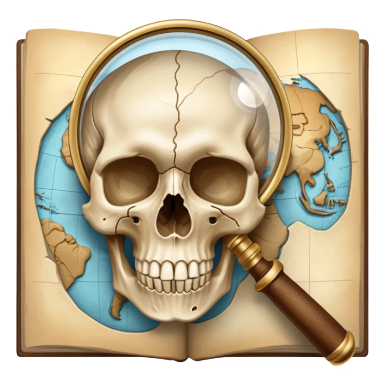 An icon featuring a human skull and fossils, representing anthropology. The design includes a magnifying glass and a map of ancient human migration paths, symbolizing the study of human evolution and cultures. Transparent background highlights the scientific exploration of humanity’s past. sticker