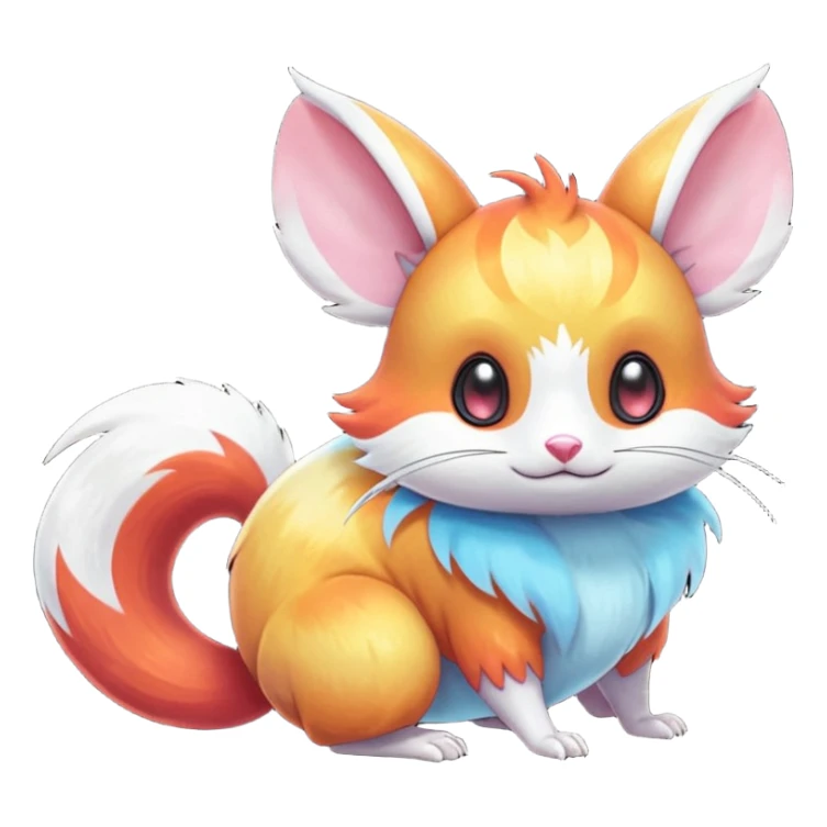  Shiny iridescent light warmly colored reddish-orange-gold-gradients neon vibrant bioluminescent colorful pastel flourishing flurry fuzzy Absol-Minccino-Furret-Zangoose-Dedenne-Chinchilla-Stitch-fusion-animal-Fakémon-hybrid-creature  sticker