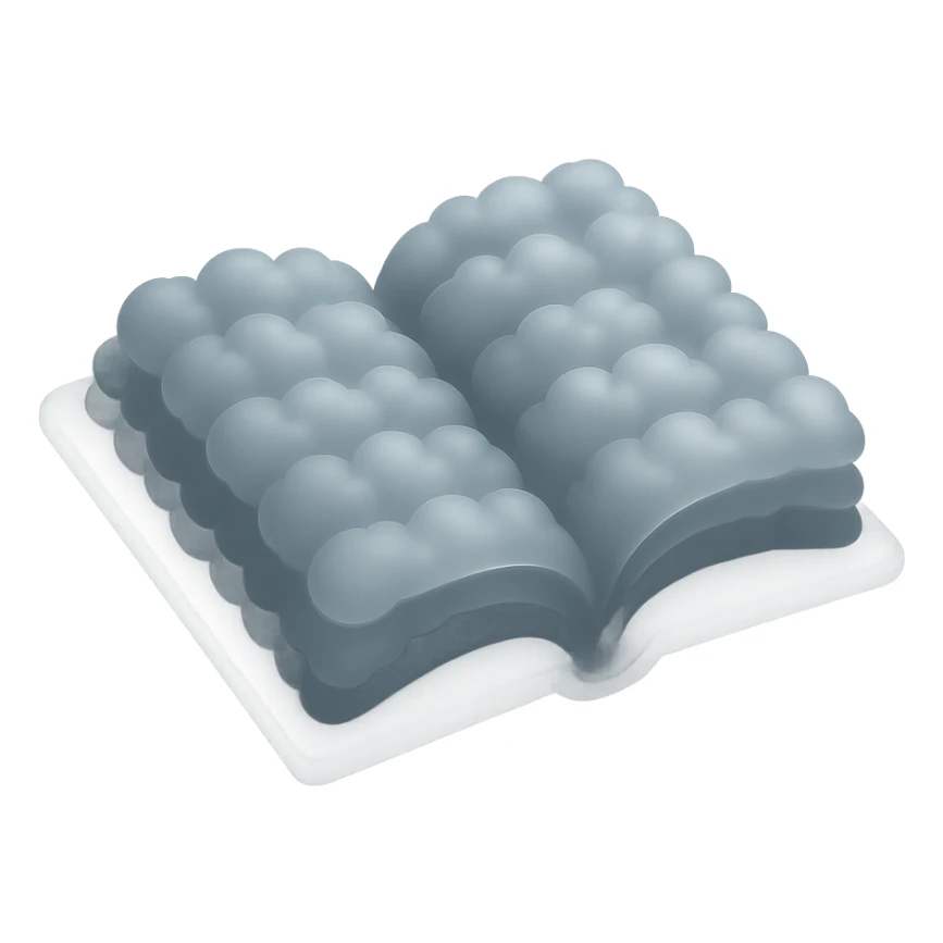 thick open book made entirely of small, very bright white fluffy convex clouds, matte glass style sticker