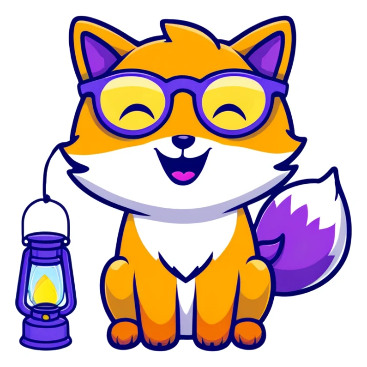 magical fox with purple and blue fur, glowing tail, star on forehead, round glasses, tiny lantern, laughing joyfully sticker