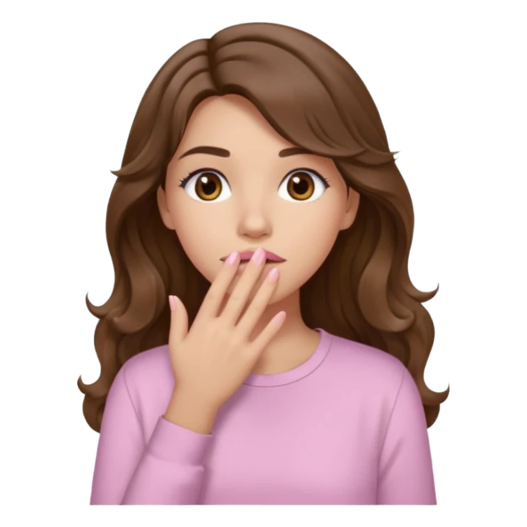 girl with wavy long brown hair, brown eyes, light to medium complexion, long lashes, light pink lipstick, wearing light pink shirt, sexy, hand covering mouth sticker