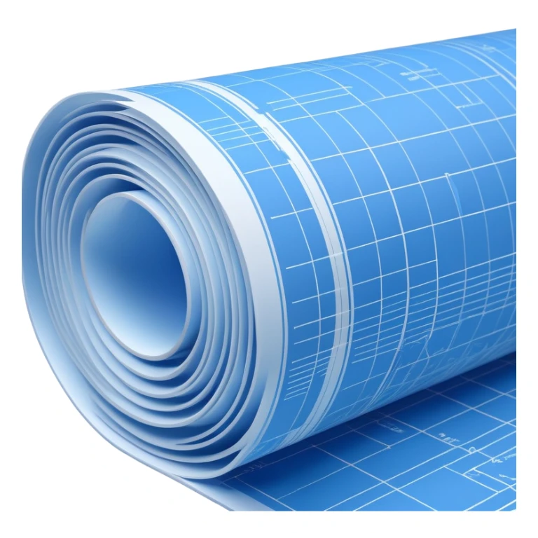 side perspective of a blue rolled-up blueprint plan with white lines sticker
