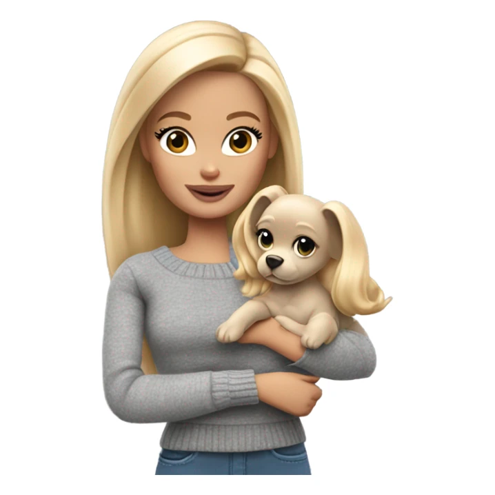 Blonde Barbie wearing gray sweater, holding Grogu sticker
