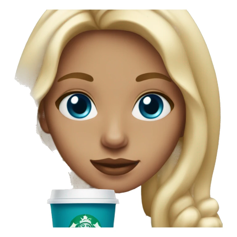 blonde girl blue eyes with Starbucks cup drink sticker