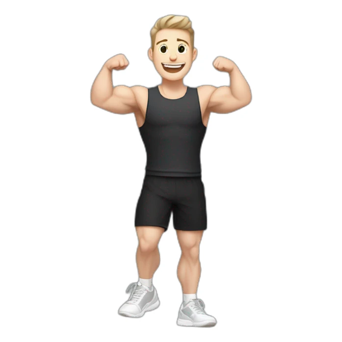 Joyful Celebrating victory Pale skinned Fit Man With the biceps and dark brown hair in black shirt, gray sports shorts and white Sneakers sticker