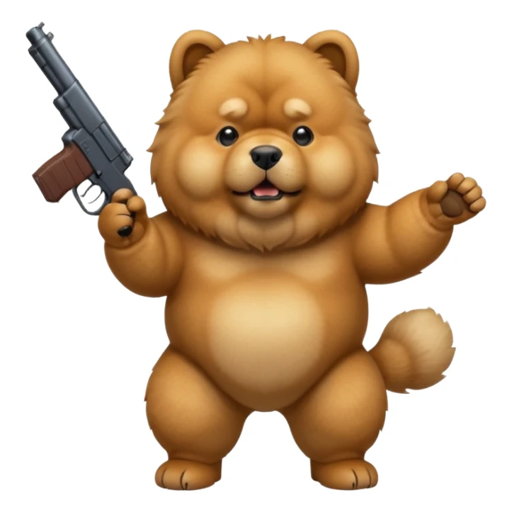 Funny realistic-style chow chow dog with light fur standing on its hind legs and holding a gun menacingly sticker