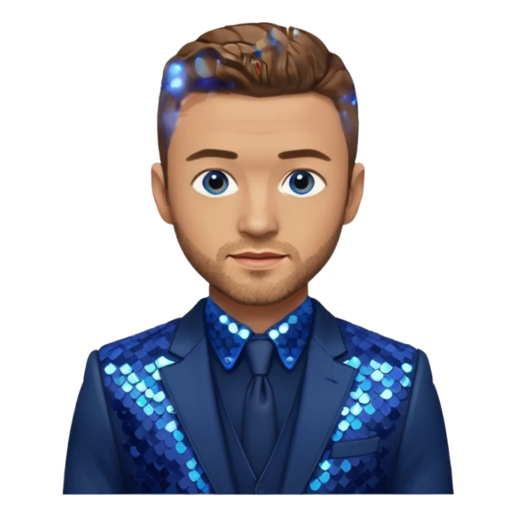 Justin Timberlake with light brown hair, blue eyes, sequin navy blue suit jacket sticker