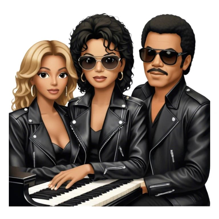 Michael Jackson in his black leather jacket, Beyoncé in a glamorous stage outfit, Lionel Richie in his classic look, Whitney Houston in her famous dress, and Ray Charles in black glasses sitting at a piano. Transparent background. sticker