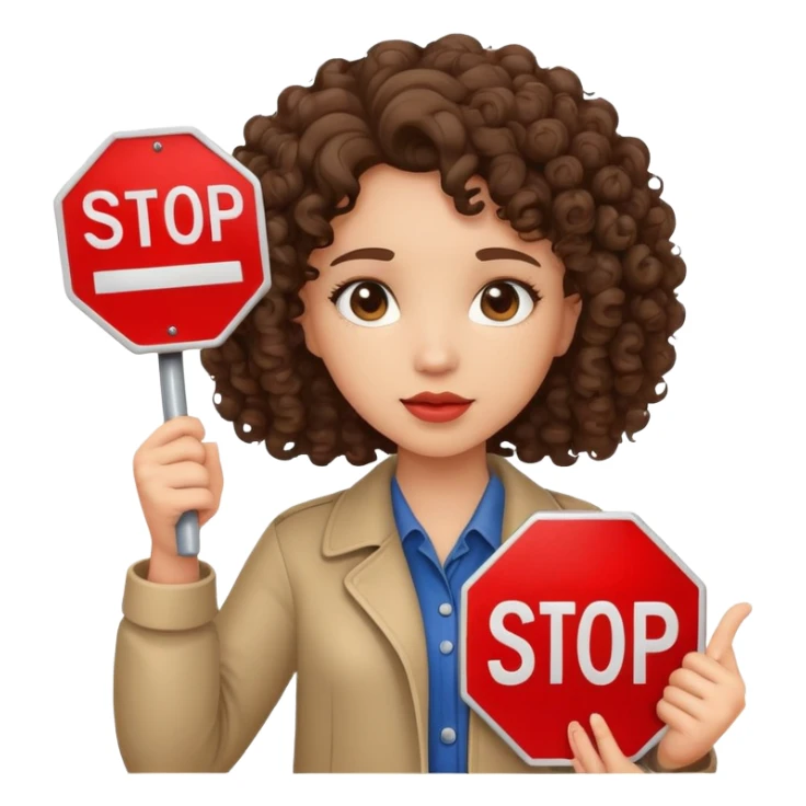 brunette girl with curly hair holding a stop sign sticker
