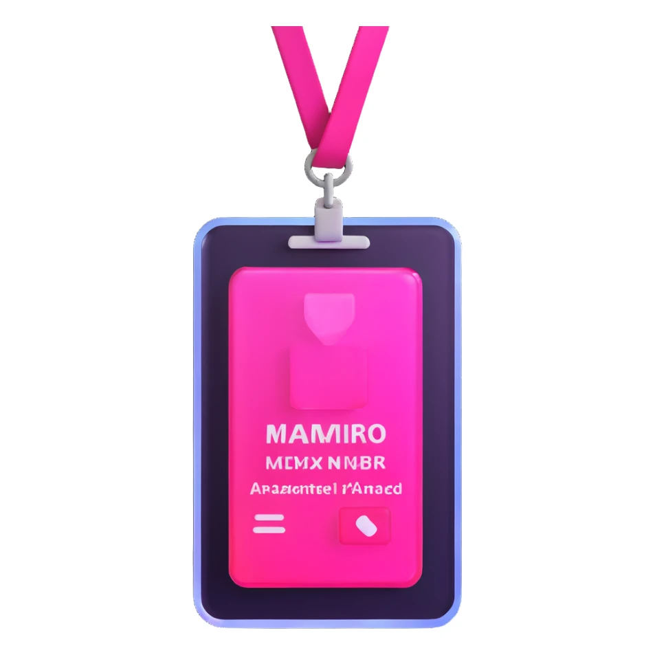 ID badge, transparent glass with bright pink gradient from #FF335F to #FF99AA, highlights and reflections, minimalistic sticker