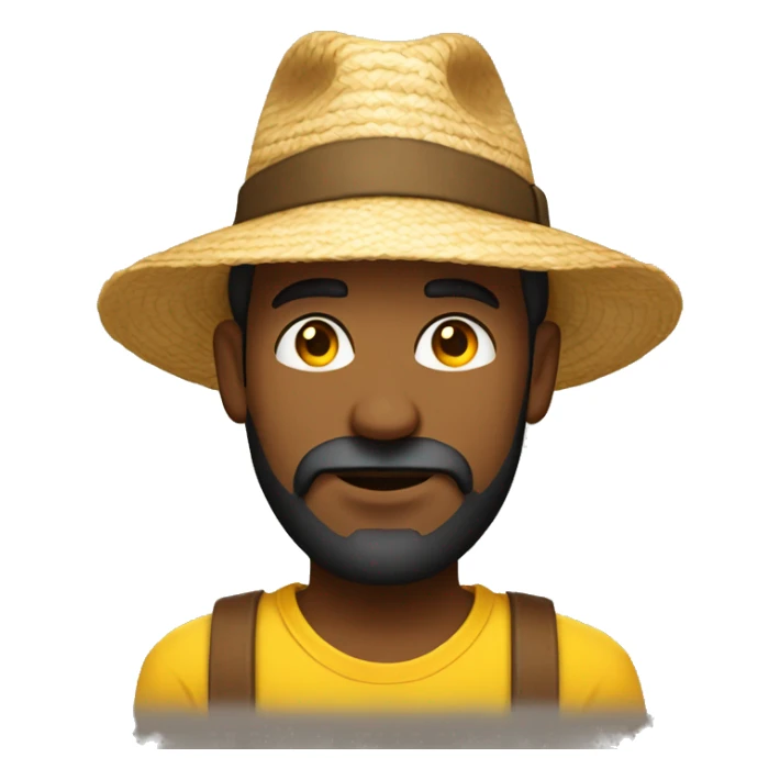 man with brown beard, light brown skin, big eye brows, wearing a straw hat and a yellow t-shirt sticker