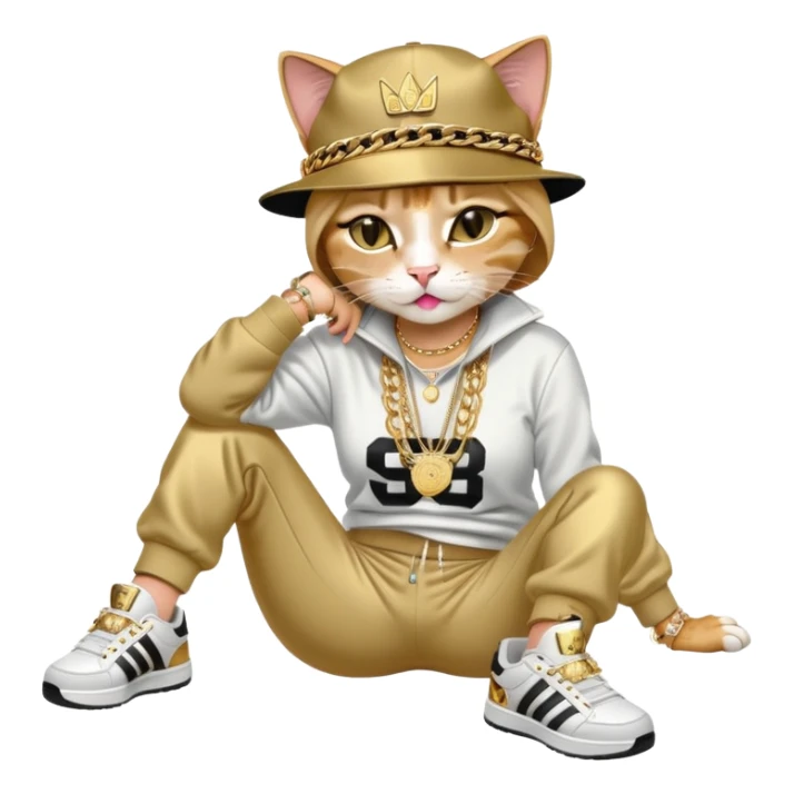 female cat lying down horizontally on the ground, crying, wearing Run DMC hip-hop outfit with tracksuit, fedora, Adidas sneakers, many gold chains, rings, bracelets, flashy earrings, no sunglasses sticker