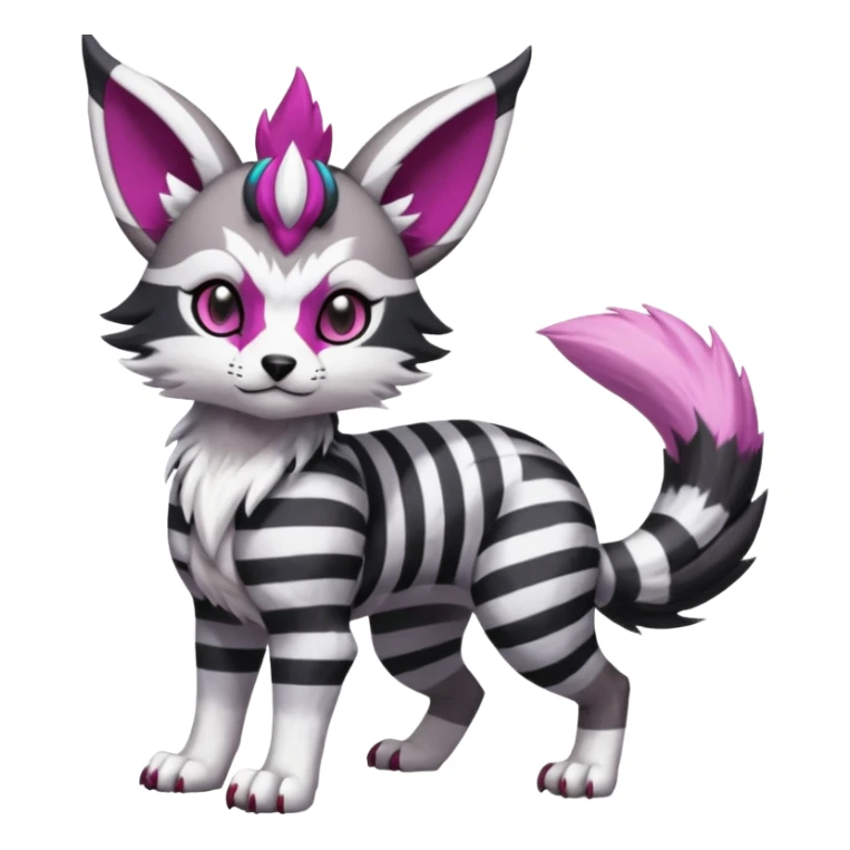 Black and white-striped Colorful Skilled Adept Graceful Asian Painted WereGarurumon-Meloetta-Obstagoon-Furret-fusion-hybrid-creature (full body) with a magenta accent, tufted lynx ears sticker