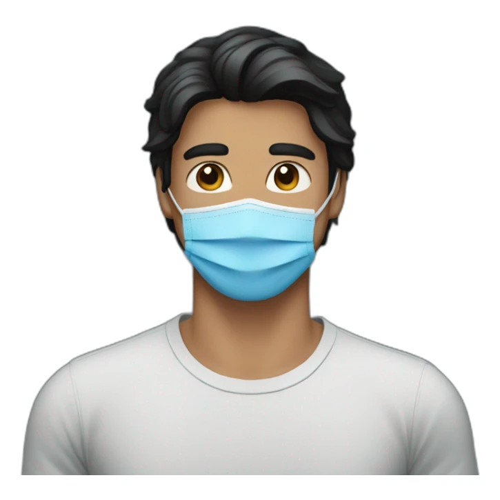 A man with a black hair and blue t-shirt wearing a mask sticker