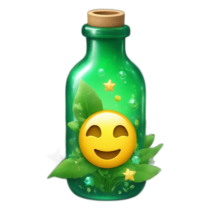 Green bottle with plants and nature and sparkles around it and tablets sticker
