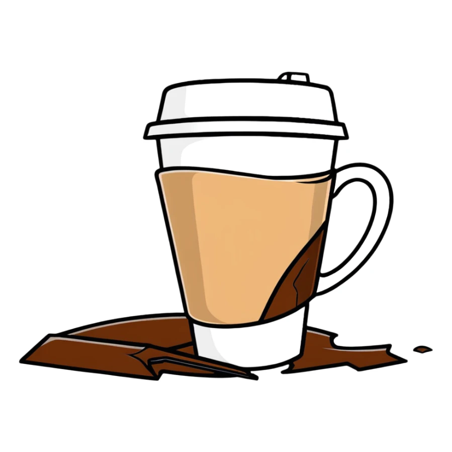 broken coffee cup with cracks and spilled coffee sticker