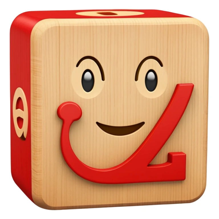 A wooden alphabet block with letter A and a cute smiling face sticker