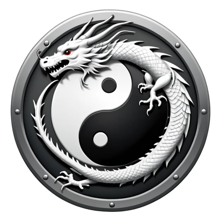 An icon symbolizing Eastern martial arts in the style of an emblem, featuring a black-and-white Yin-Yang symbol and a dragon at the center, surrounded by elements like a dojo. Transparent background highlights balance and power. sticker