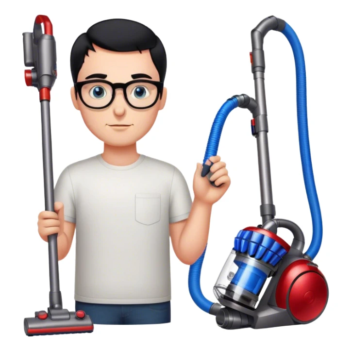 Man with black hair and blue eyes with glasses using Dyson gen5  with 2 red cats sticker