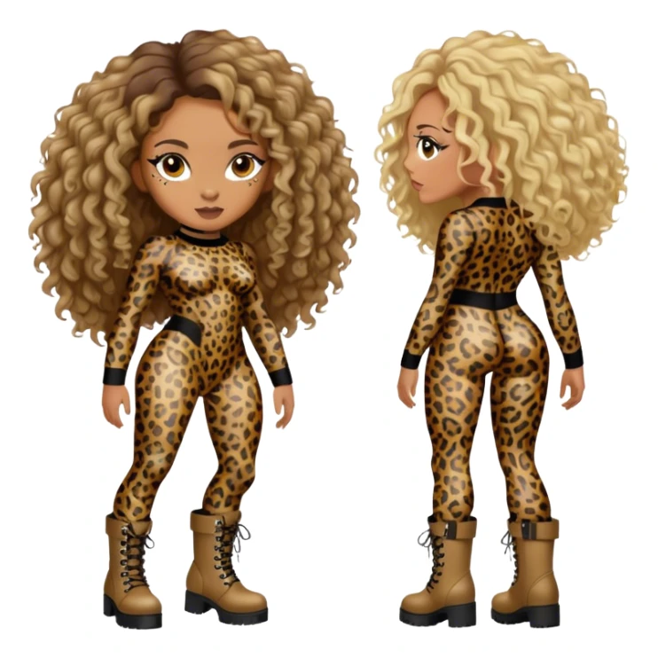 Melanie Brown with brown curls and blonde highlights wearing a tight leopard print two piece bodysuit and combat boots sticker