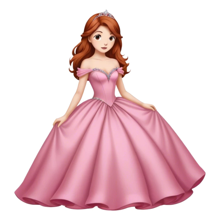 Cinematic Majestic Sleeping Beauty Portrait Emoji, rendered in a clean, vector-style with bold, simplified shapes. Show Aurora with a serene, noble expression, luminous porcelain skin, and elegantly flowing auburn hair, dressed in an opulent pink ball gown. The design radiates a majestic, enchanted glow with high shine and a soft glowing outline, embodying classic royal elegance. sticker