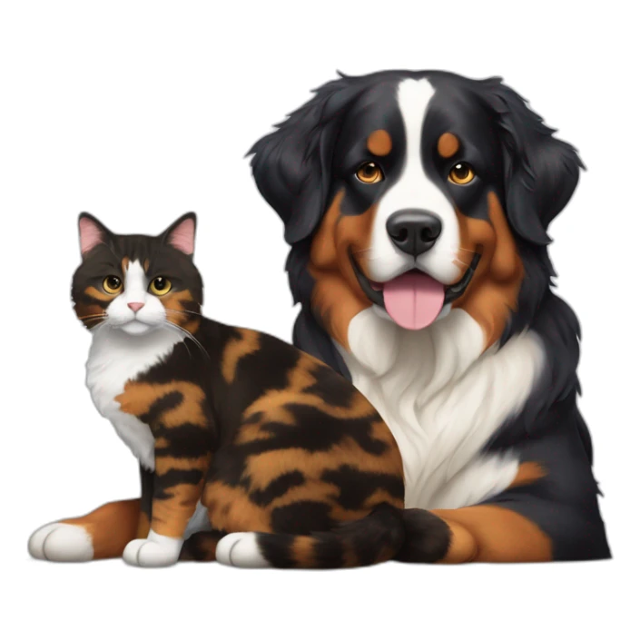 A Bernese dog next to A tortoiseshell cat without white sticker
