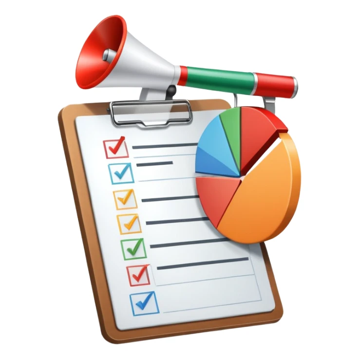 An icon featuring a pie chart, a clipboard with a checklist, and a megaphone, symbolizing management and marketing. The design includes upward-trending graphs and a target with an arrow, representing strategy and success. Transparent background highlights business organization and promotion. sticker