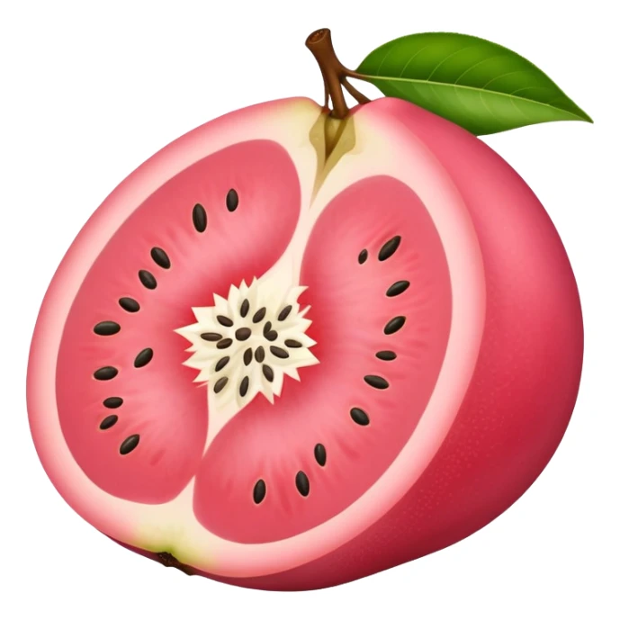 A guava cut in half showing pink flesh and white seeds sticker