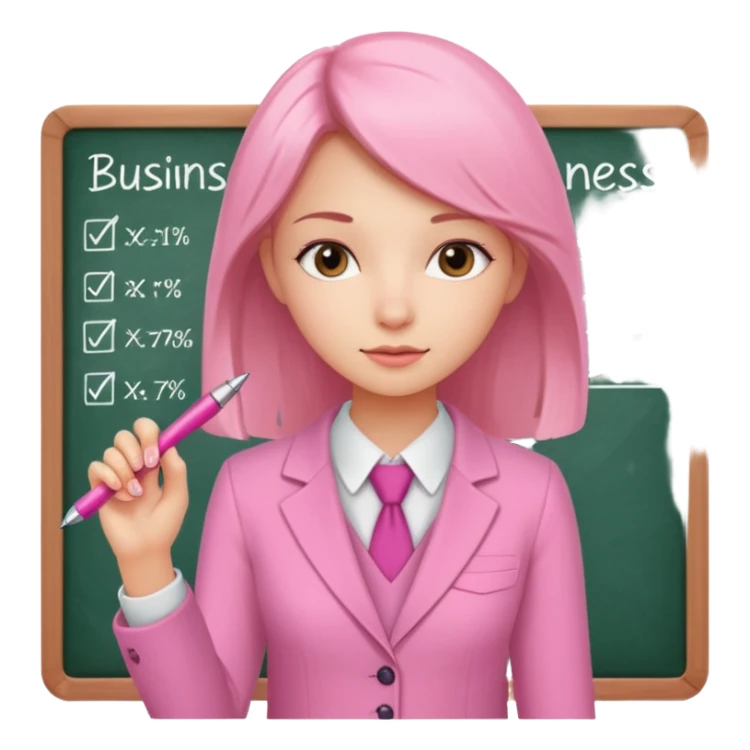 pink board with a girl writing on it and on the board there are graphs and a title "Businss sticker