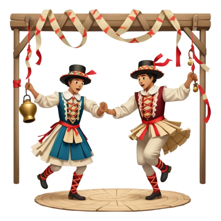 Cinematic Realistic scene of two performers executing a Morris Dance in full traditional costume—with bells, ribbons, and clogs—captured in dynamic motion against a rustic English backdrop and warm, golden lighting sticker