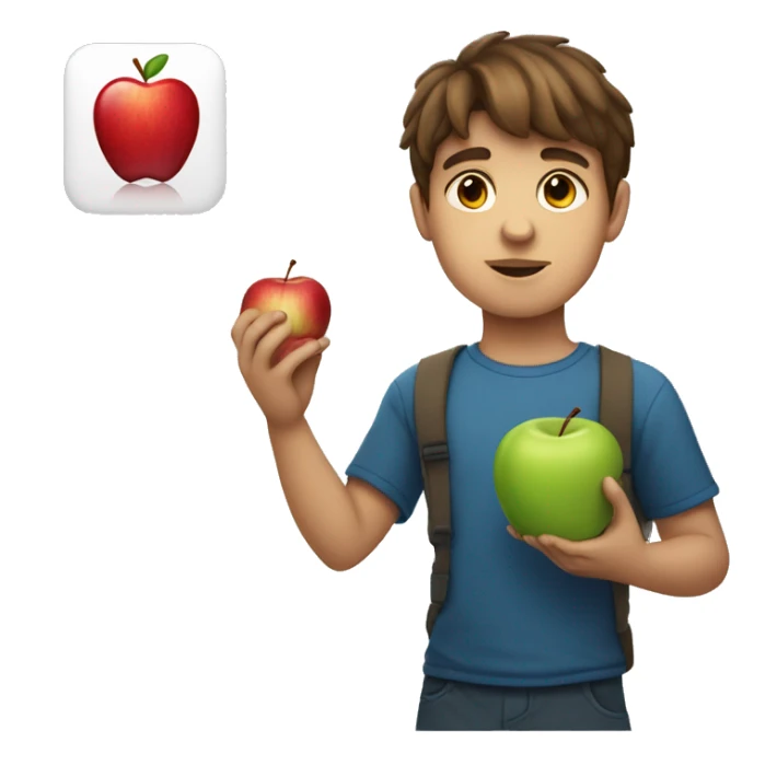 Boy with a normal face and brown hair holding up the Apple logo sticker