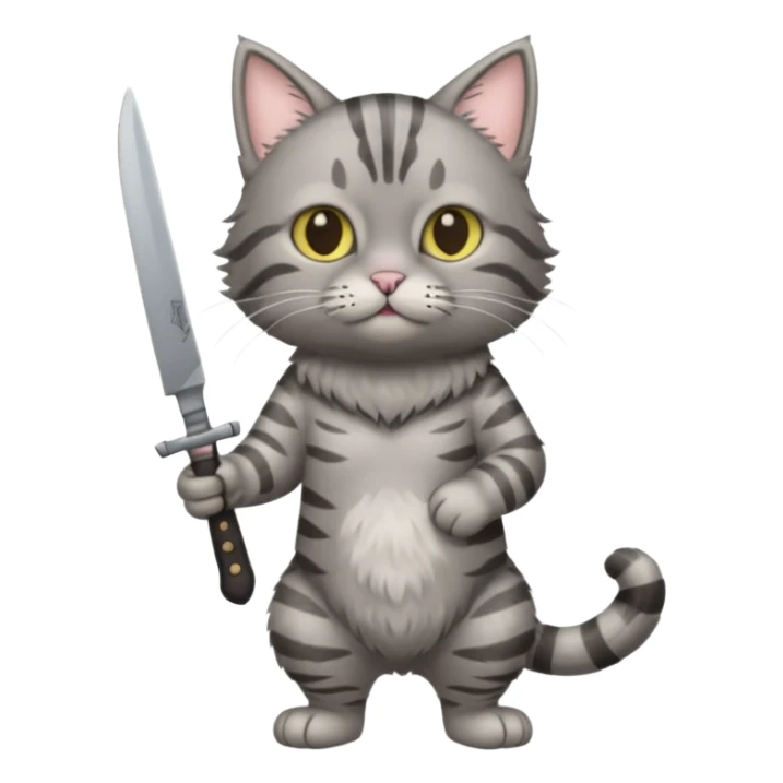 Full body gray tabby cat (no clothes) with a knofe sticker