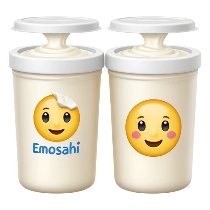 two small cylindrical white yogurt pots with smooth matte finish and slightly crinkled paper tops, one opened showing creamy pale white fresh cheese with soft glossy surface, plain dairy pots, soft lighting, subtle shadows, emoji scale sticker