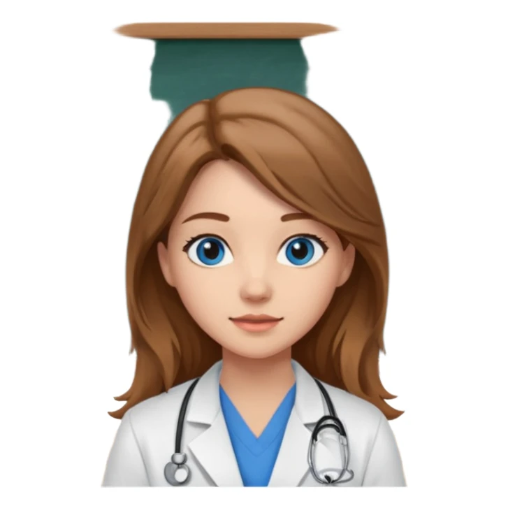 pretty female nursing student with long brown hair, blue eyes inside a classroom at university with blackboard behind her sticker