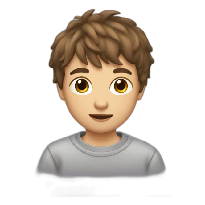 boy with brown hair and bangs wearing a sweatshirt sticker