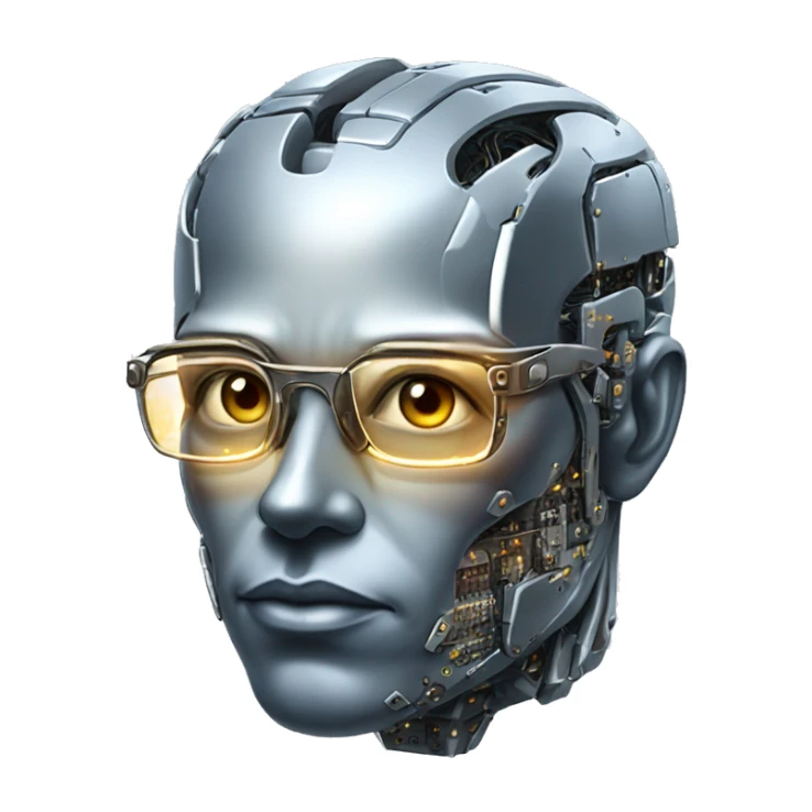 Male cyborg head with metallic skin, flat top, rectangular glasses and circuits sticker