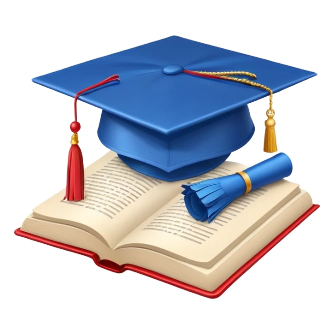 Apple emoji style graduation cap with a blue tassel, floating above an open book, clean background, cheerful sticker